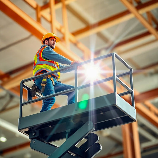 Construction worker using a scissor lift indoors, demonstrating safe elevated access on a professional construction job site.