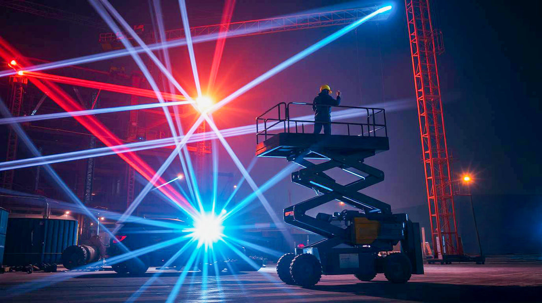Scissor lift being operated at night on a construction site with bright red and blue stage lights, showcasing elevated work platform safety and nighttime construction equipment operation.