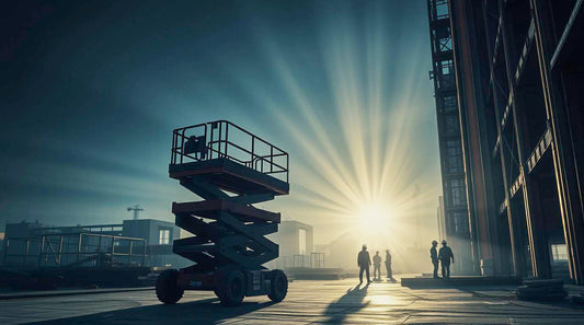 Construction workers starting a project at dawn with Genie scissor lift on site, highlighting equipment rental in action