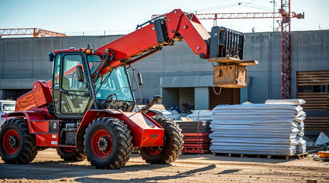 Red telehandler lifting construction materials on a job site, showing the versatility and power of telescopic handlers for construction workers.