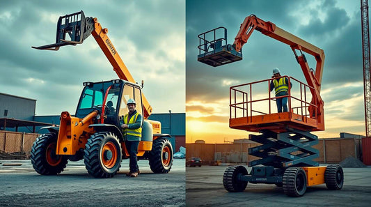 Telehandler lifting materials and boom lift raising a construction worker on site, showing equipment differences for construction jobs.