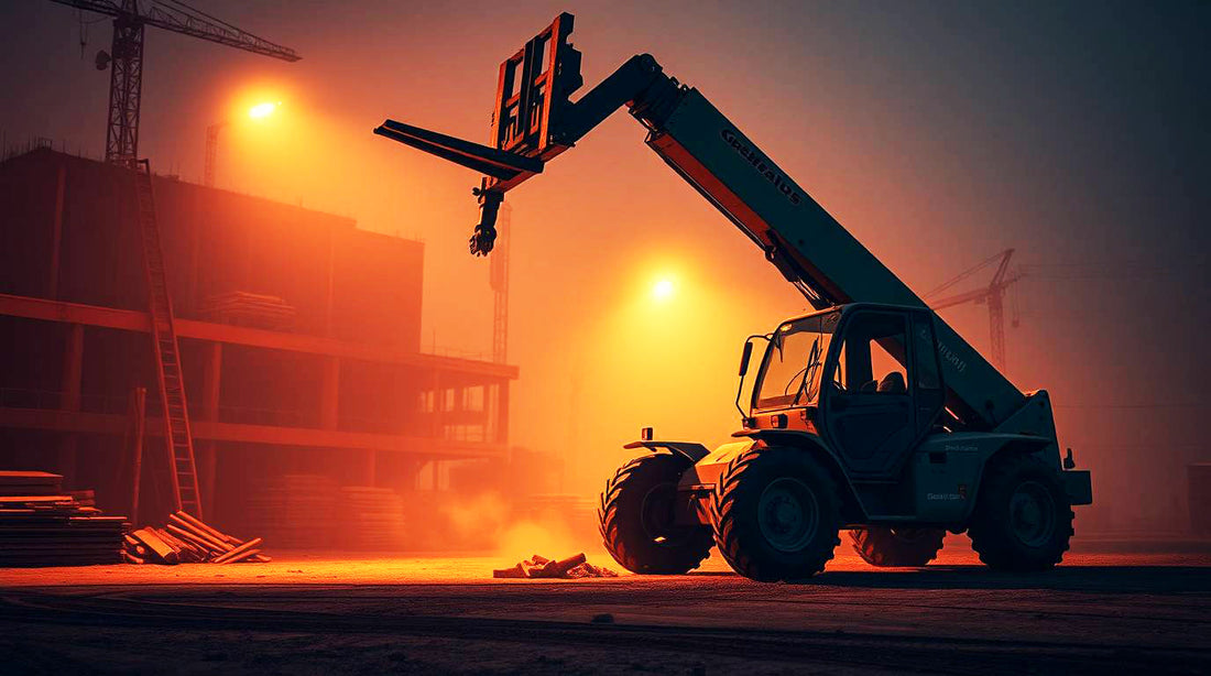 Telehandler lifting materials at a construction site during sunset, showcasing heavy equipment performance and job site productivity.