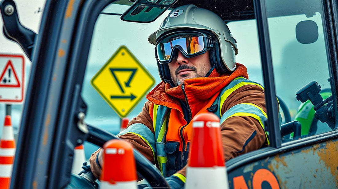 Construction worker operating heavy equipment, wearing safety gear and helmet, with traffic cones and road signs visible on an active job site.