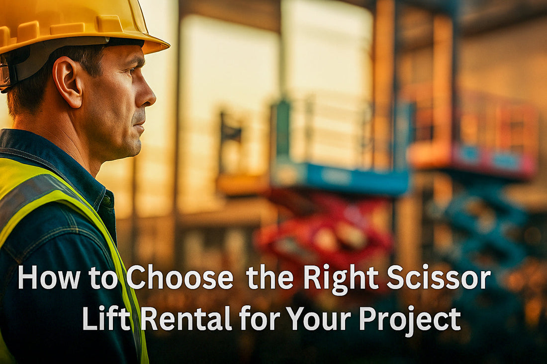 Construction professional reviewing lift rental options at active work site