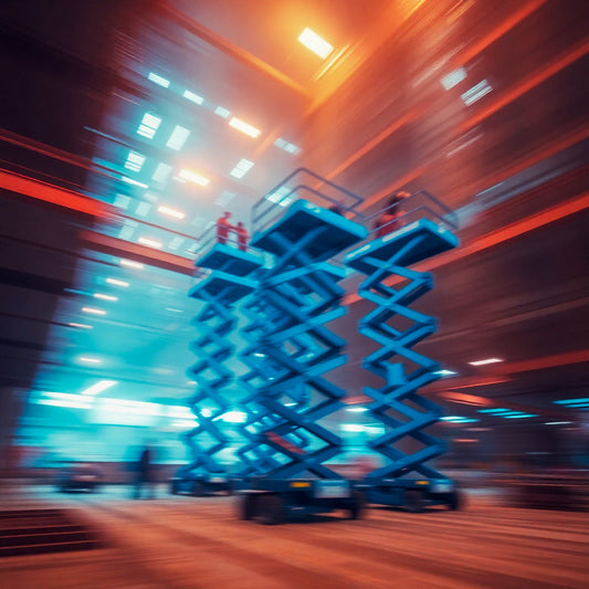 Tall scissor lifts operating indoors on a construction site with workers elevated.
