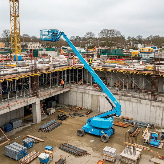 Boom lift extending over an active construction site to support elevated construction work and improve job site efficiency.