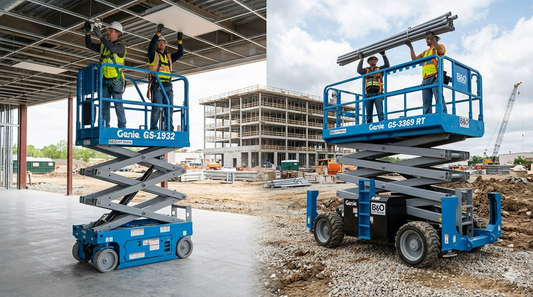 Comparison of an indoor scissor lift on a smooth slab and a rough-terrain model on a gravel construction site. A construction worker is shown on each, highlighting different requirements for projects under construction.