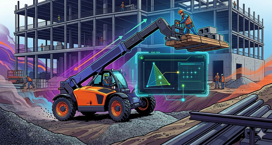 A construction worker supervises an orange and blue telehandler moving heavy materials on a rugged site actively under construction, with all text removed from the infographic style.