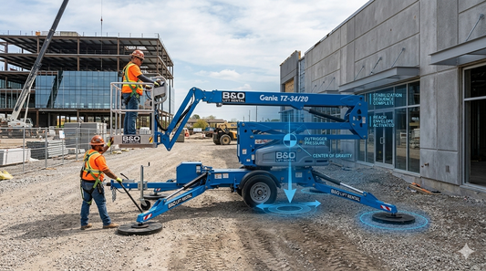 A construction worker secures the outriggers of a blue Genie towable boom lift on a site under construction. Digital overlays illustrate the outrigger pressure and center of gravity for safe stabilization.