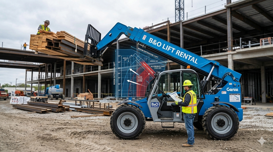 Side view of a telehandler demonstrating stable reach with a large load on a construction site. Digital markers show center of gravity shifts while a construction worker guides the materials on a firm gravel surface.