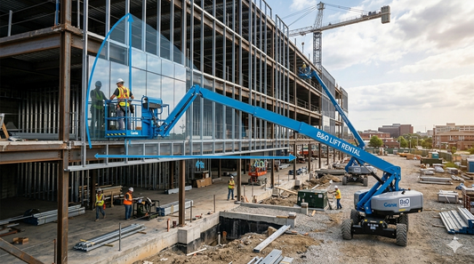 professional construction worker uses a boom lift to access a high-reaching facade on a job site under construction during a bright day.