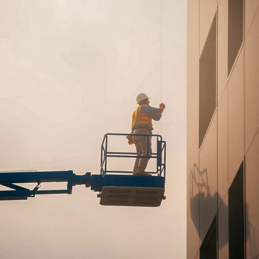 Construction worker operating a boom lift for exterior building maintenance.