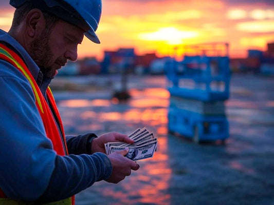 Construction worker counting cash at a job site with a scissor lift in the background at sunset.