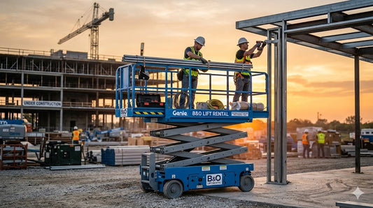  Construction workers on a Genie scissor lift