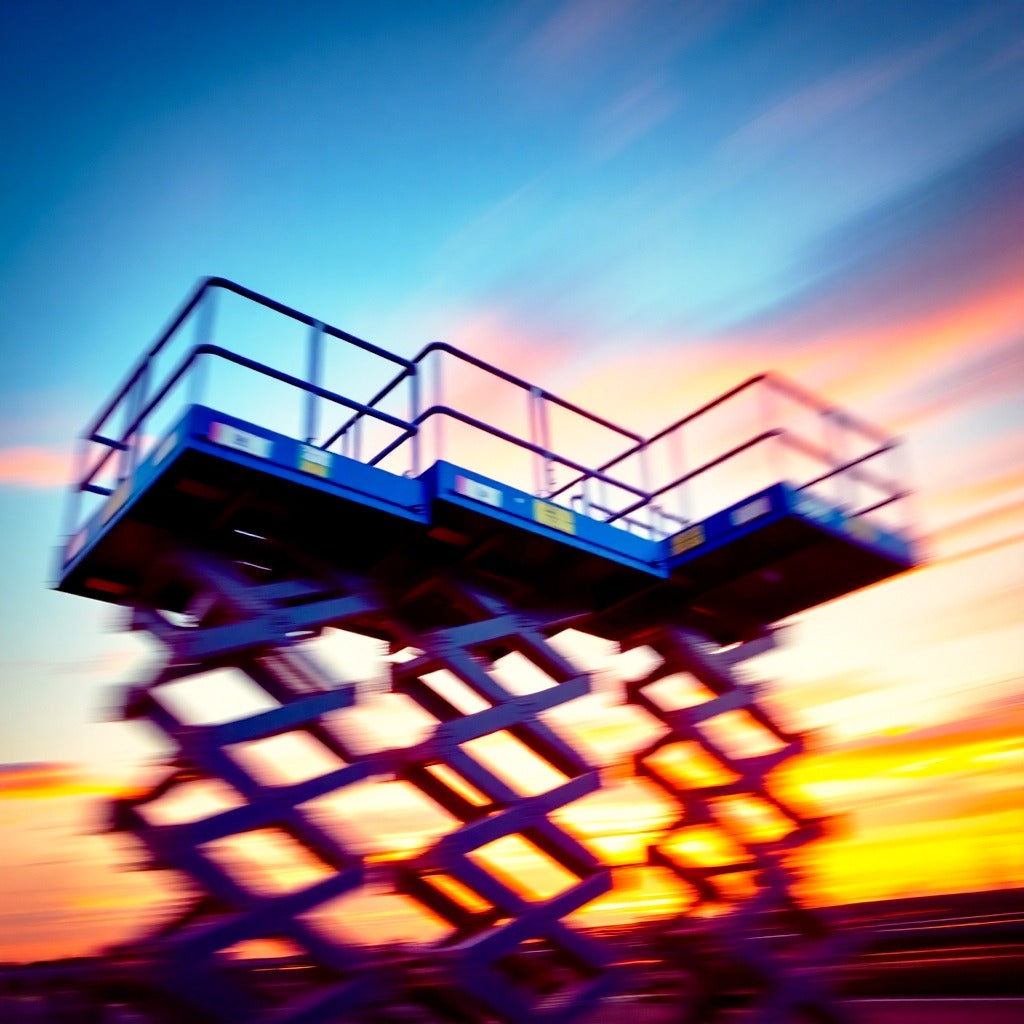 Blue scissor lift elevated against a colorful sunset sky on an outdoor construction site.