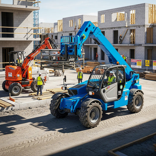 Telehandler lifting materials and boom lift raising a construction worker on site, showing equipment differences for construction jobs.